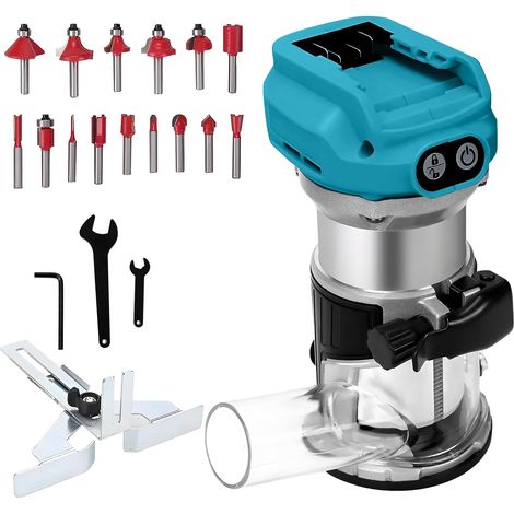 Routeur électrique sans fil compatible avec batterie 18 V/20 V, coupe-bordure sans balais avec 6 vitesses, 800 W 30 000 tr/min, avec fraises de découpe, guide de bord et rouleau (bleu pour (1/5)