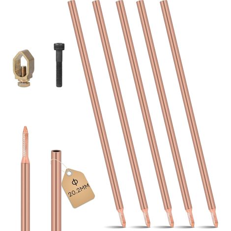 aste di messa a terra da 1 m, φ20,2 mm, acciaio al carbonio, rivestimento in rame rosso da 0,2 mm, asta di messa a terra con morsetto e bullone di fissaggio.