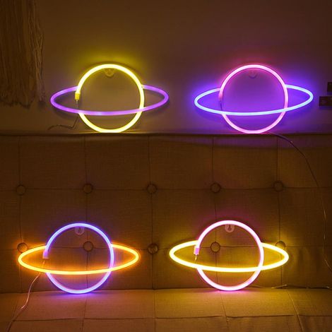 Lumière néon LED Planète, alimentée par USB ou piles, idéale pour la décoration murale de la maison, de la chambre ou pour les fêtes.