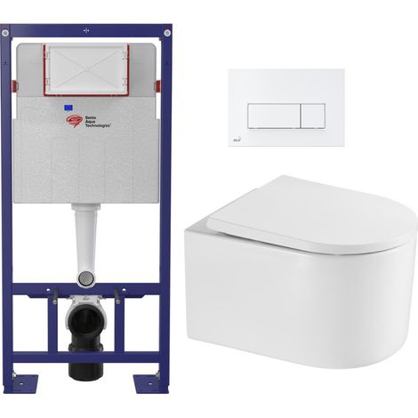 Swiss Aqua Technologies Pack WC Bâti-support Autoportant + WC sans bride SAT Delano + Abattant SoftClose + Plaque Blanche (SMART-Delano-4) (1/5)