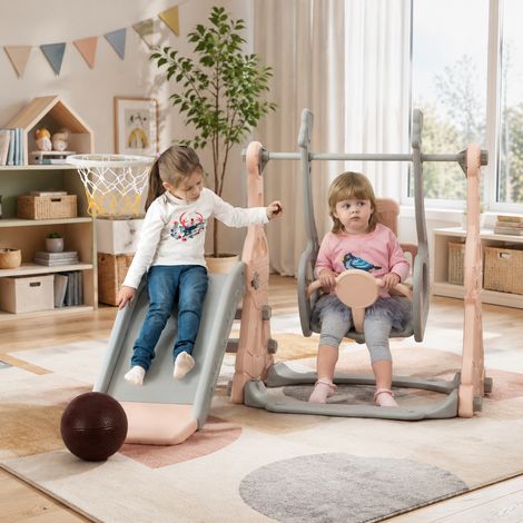 Toboggan pour enfants 140×118×102 cm,chelle d'escalade,toboggan de jardin, panier de basket,toboggan 4 en 1,hauteur de balançoire réglable,style moderne,pour intérieure et extérieure,PEHD,Rose (1/5)