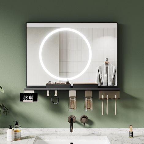 ELEGANT Anti-Fog Bathroom LED Mirrors with Storage Shelf, Dimmable 3 Colour Lighting, Stylish Black Frame, 700x500mm