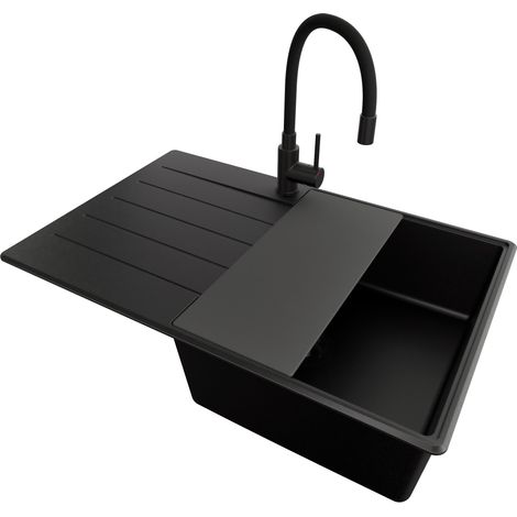 PRIMAGRAN Evier Cuisine en Granit 78x50cm, Lavabo 1 bac + Kit de Vidage + Accessoire, Évier à Encastrer au meuble 50cm - Copenhague, Tout Noir (1/5)