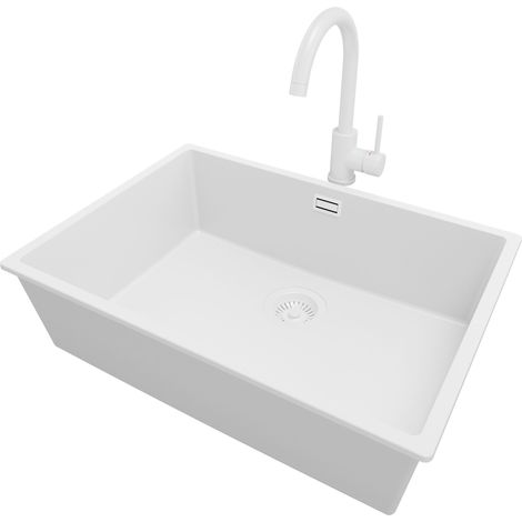 PRIMAGRAN Evier Cuisine en Granit 66x47cm, Lavabo 1 bac + Robinet 32x20cm + Kit de Vidage, Évier à Encastrer au meuble 70cm - London Slim, Tout Blanc (1/5)