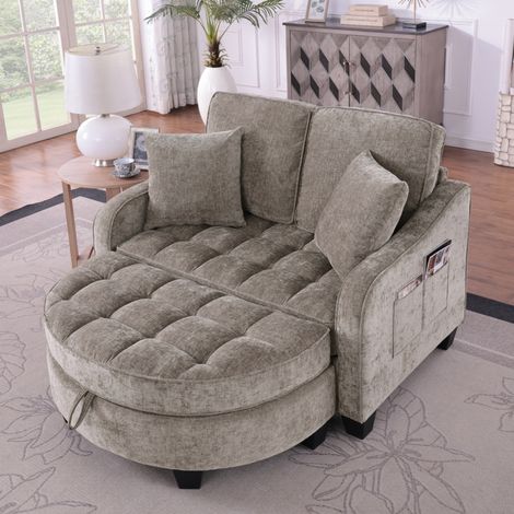 Sofá cama 132x129x93 cm marrón en madera de eucalipto con taburete de almacenaje (1/5)