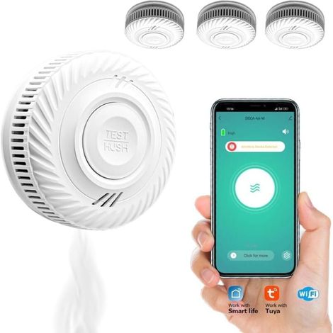Alarme incendie, détecteur de fumée, autonomie de la batterie de 10 ans, notification à distance, compatible avec Smart Life, partage à 6 personnes, alimenté par batterie, pas de contacts de transmiss (1/4)
