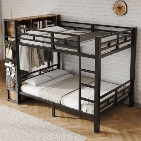Letto a castello 120x200 cm in metallo nero con armadio, cassetto e ripiani aperti (1/5)