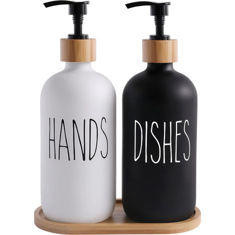 Distributeur de savon verre noir mat 475ml lot de 2 avec plateau bambou salle de bain cuisine (1/5)