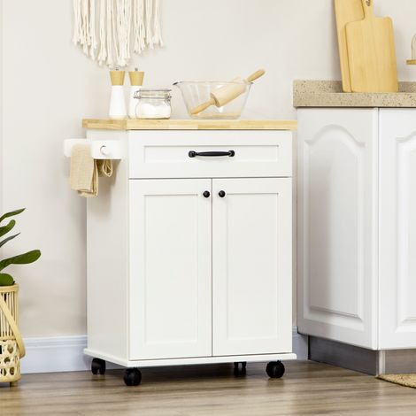 Carrito de cocina con múltiples opciones de almacenamiento, 1 cajón, 1 armario, 1 toallero, acabado blanco y tapa de madera. (1/5)