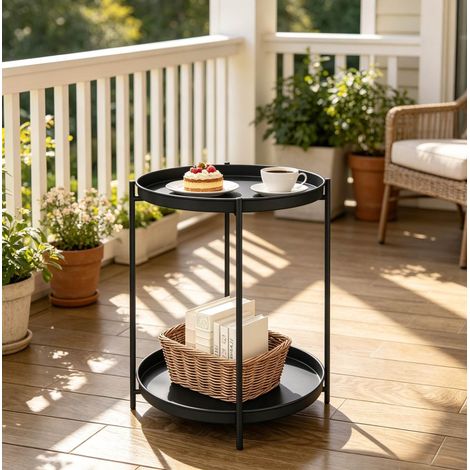 Table d’appoint ronde 44x44x53 cm noire en métal avec 2 plateaux amovibles (1/5)
