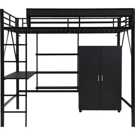 Letto a soppalco in metallo e MDF nero 140x200 cm con scrivania, armadio e vani contenitore HOMVRA (1/5)