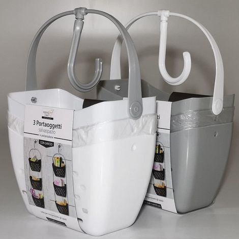 TrAdE Shop Traesio - Portaoggetti Con Gancio 3 Contenitori Salvaspazio Cestino Bagno Sospeso In Plastica 70 Cm - (1/3)