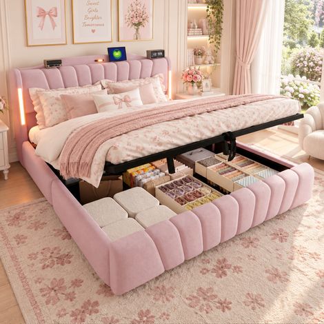 180x200 cm Lit 2 Personnes Coffre en Velours Rose pour Chambre avec Grand Rangement Hydraulique et LED Connectée (1/5)