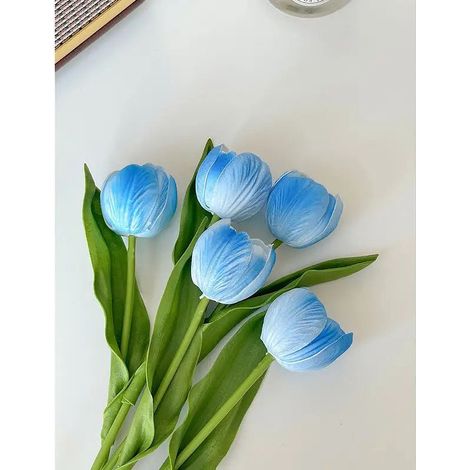 5 tulipes artificielles bleu ciel, sans vase, tige flexible H33cm (1/2)