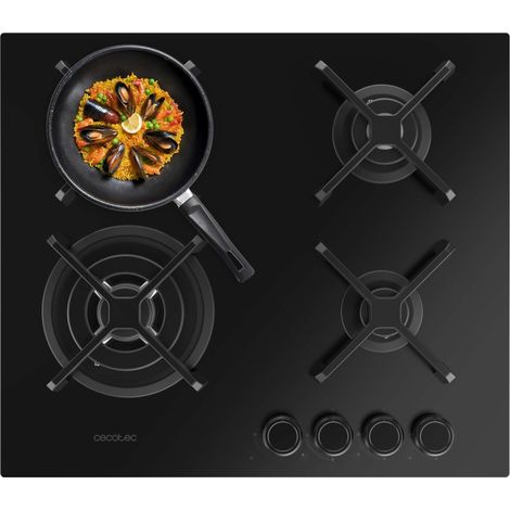 Cecotec Plaque de Gaz 4 Feux Bolero Squad G 4400S Nano Verre, 8kW, Nano Verre, Grilles en Fonte, Brûleur WOK Triple