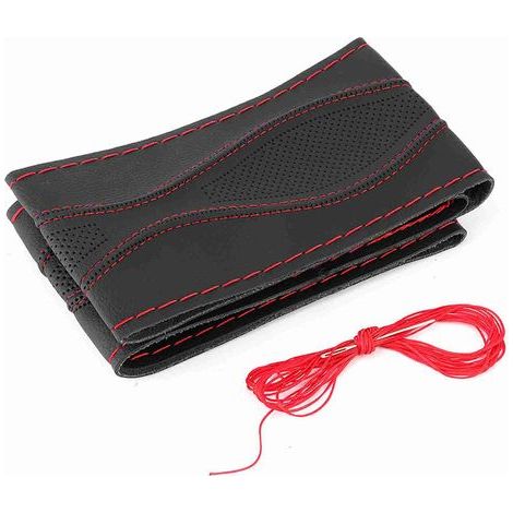 Housse de volant en cuir 38cm/15 pouces, couture à la main, gaufrage avec aiguille et fil universel, noir rouge (1/5)
