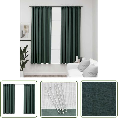 The Living Store Rideaux occultants aspect lin avec crochets 2pcs Vert 140x175cm - Rideaux Occultants - Rideaux Lin - Rideaux Verts - Décoration Intérieure - Intimité (1/5)