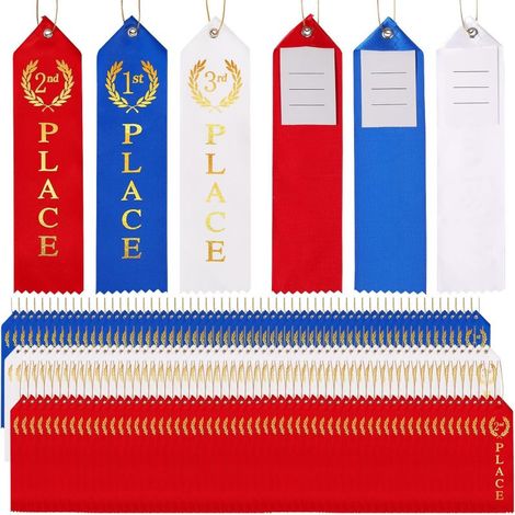 Rubans de récompense 1er/2e/3e – lot de 180, cordelette incluse, compétitions/sport/école, bleu/rouge/blanc (1/5)