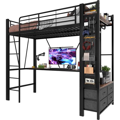 Lit mezzanine 90x200 cm avec bureau, 4 tiroirs, LED multicolore, prise USB Type-C, étagères, tringle et panneau perforé, gain de place, noir - CHICFURN (1/5)