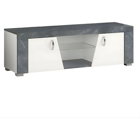 Meuble TV 2 portes 2 niches laqué blanc et imitation granit gris - NEWELL
