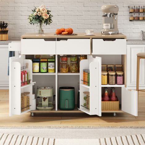 Servierwagen Küche 120x46x85 cm, mobile Kücheninsel auf Rollen mit Schubladen, Türen und offenen Fächern, Küchenschrank in Holzoptik Weiß