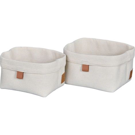 Lot de 2 Paniers de Rangement en Tissu Lin-Coton, Pliable, 2 Tailles, Beige, Pour Salle de Bain, Chambre Bébé et Table à Langer - 20x16x14cm (1/5)