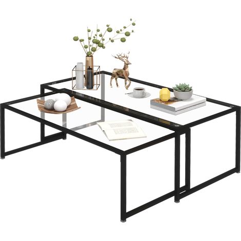 Set aus 2 ineinander schiebbaren Couchtischen, rechteckige Designer-Wohnzimmertische aus schwarzem Stahl mit Tischplatten aus gehärtetem Glas
