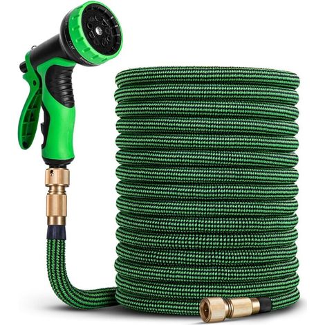 Tuyau d'Arrosage Extensible 30m - Tuyau d’Eau Réglable avec 1/2'' et 3/4'' (19mm et 13mm) Adaptateurs, 9 Modes d'Arrosage, Latex Triple Épaisseur Durable avec Raccords en Laiton et Sac (1/4)