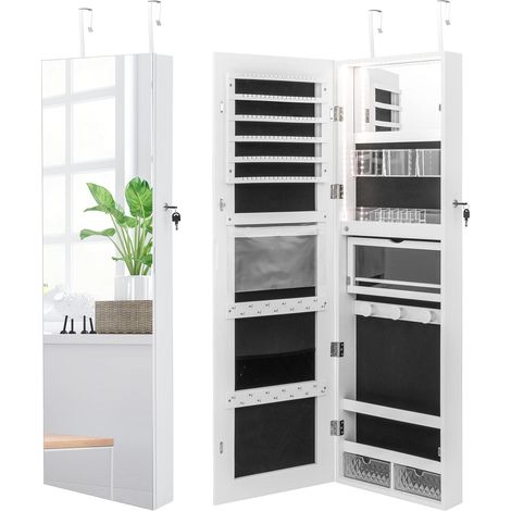 COSTWAY Armario Joyero con Espejo de Puerta, Armario para Joyas con Cerradura y Luces de 3 Colores, Espejo Interior con Estante Plegable y Cajas de Almacenamiento de Plástico, Joyero Espejo (Blanco)