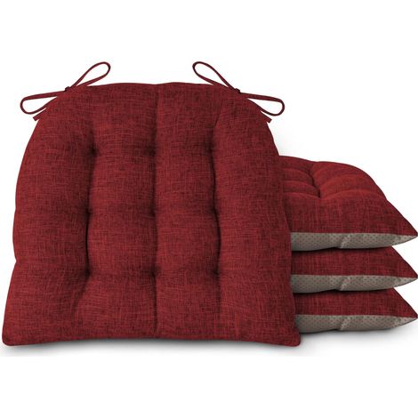 Lot de 4 coussins de chaise de cuisine antidérapants en forme de D avec attaches - Coussins de siège touffetés pour cuisine et salle à manger - 46 x 42 x 7,6 cm - Rouge (1/5)