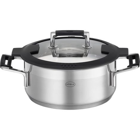 RÖSLE SILENCE PRO Casseruola universale di ottima qualità in acciaio inox 18/10, 20 cm, coperchio in vetro, scala graduata interna, per cottura a induzione, lavabile in lavastoviglie (1/5)