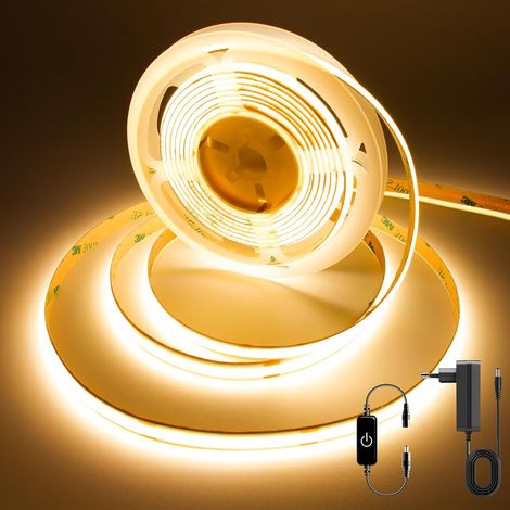 COB LED Strip 3 m, Warm White 2700K, with Power Supply 24V and Dimmer Touch, Cuttable LED Strip, 320 LEDs/M, CRI90, 8 mm Wide, Ideal for Bedrooms, Kitchens, Wardrobes (1/5)
