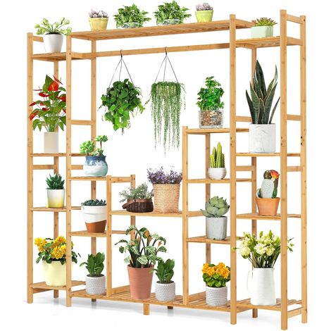 COSTWAY Soporte de Plantas de Bambú, 2 en 1 Estante Colgante con 9 Niveles, Altura Ajustable, Organizador de Almacenamiento para Interiores y Exteriores, Balcón y Jardín, 167 x 30 x 166 cm (1/5)