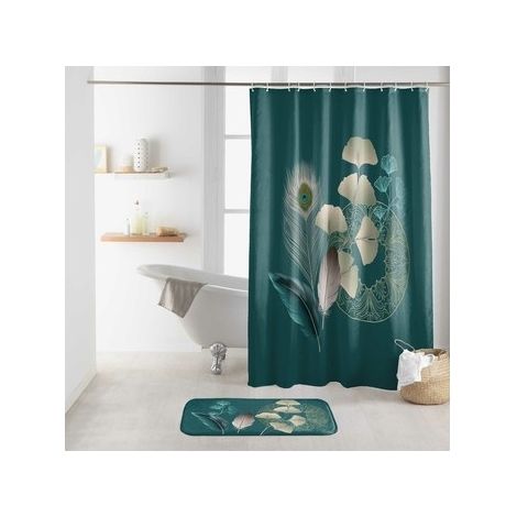 Rideau de Douche avec Crochets 180 x 200 cm Ginkoblue - Polyester Imprimé - Livraison gratuite (1/3)