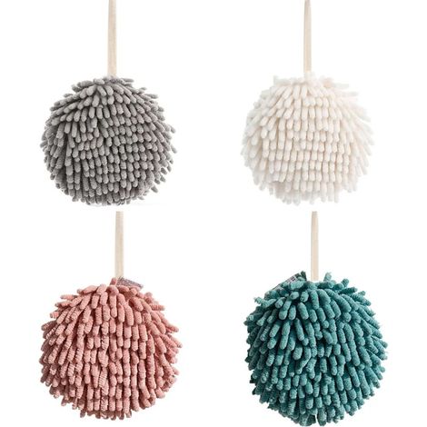 Boule de serviette moelleuse en mousse, lot de 4 serviettes en chenille à séchage rapide, serviette suspendue de 17 cm pour la cuisine et la salle de bain, ultra-absorbante, douce et décorative (1/5)