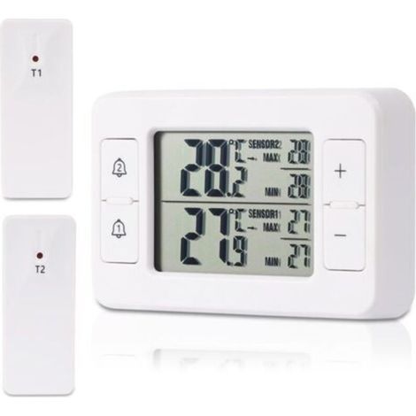 Thermomètre pour réfrigérateur et congélateur avec 2 capteurs sans fil, thermomètre intérieur/extérieur, alarme de température, MIN/MAX, indicateur de tendance de température. (1/5)