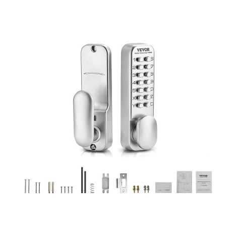 Cerradura de Combinación Mecánica con Teclado de Una Cara 14 Teclas, Cerradura de Puerta sin Llave con Manija, Perilla Giratoria, Bloqueo de Código Incorporado para el Hogar, Oficina, Plata (1/5)