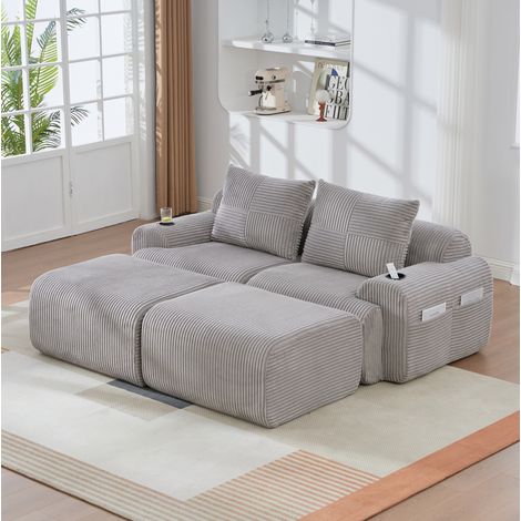 Canapé modulaire 200/174/80 cm en velours côtelé gris clair avec porte-gobelet et poche latérale (1/5)