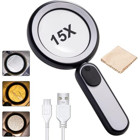 Magnifying Glass with Light, 21 Led Rechargeable 15X Handheld Reading Magnifier with 3 Lighting Modes, High Clarity Magnifying Glass for Reading for Seniors, Jeweler, Crafts, Books - with Lens Cloth (