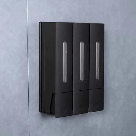 Distributeur de savon manuel mural double tête (noir triple) pour shampoing, hôtel, maison, salle de bain, grande capacité de 400 ml. Sans perçage. (1/5)