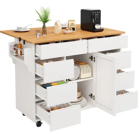 Buffet Cuisine,Armoire de Cuisineavec Roulettes et Plan de Travail,8 Tiroirs,Extensible,Roulettes Freinées,Blanc