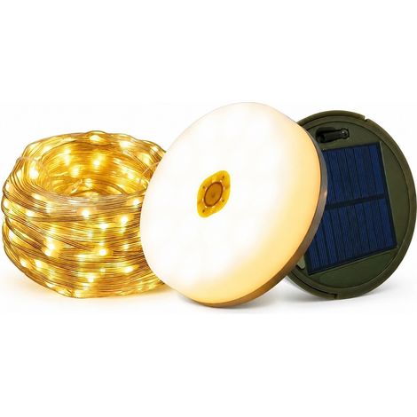Guirlande lumineuse solaire de camping, 12 m, 120 LED, rechargeable par USB, étanche, rétractable, blanc chaud (1/5)