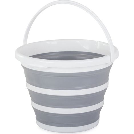 Seau pliable en silicone 10 L, robuste et pliable, gris et blanc, pour le camping, la pêche et le lavage de voiture. (1/3)
