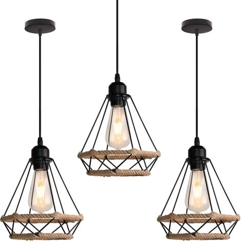 3er Pendelleuchte Hanf Seil Hängelampe mit Käfig Ø20cm Diamant Form Lampen im Industri Stil für für Wohnzimmer Esszimmer (Schwarz)