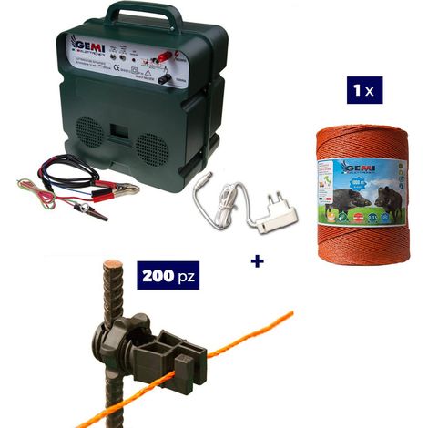 Kit completo per recinto elettrico con 1 x Elettrificatore B12 a doppia alimentazione 12 V / 220 V + 1 x Filo 1000 MT 6 Mm² + 200 pezzi isolatori per paletti in ferro - Recinzione Elettrica per animal