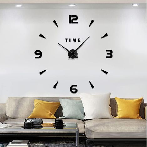 Modern Mute Frameless DIY Large Wall Clock 3D Mirror Sticker Metal Big Watches Wall Clock for living Room Kitchen Home Office School Decoration (Black) (1/5)