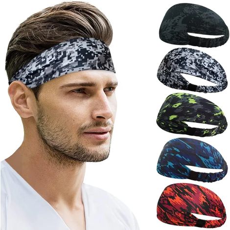 Lot de 5 Bandeaux de Sport Femme Homme, Double Face Anti-Transpiration Bandeau Fitness, Serre-tête Antidérapant, Extensible Haute Élasticité pour Yoga, Course, Vélo, Basket-ball (1/5)