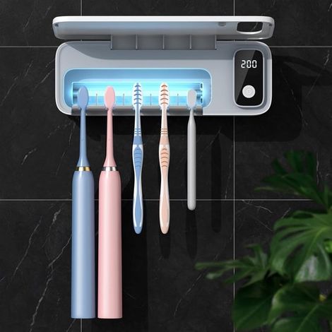 Soporte para cepillos de dientes con luz UV, 5 ranuras para cepillos de dientes, soporte para cepillos de dientes inalámbrico recargable (1/5)