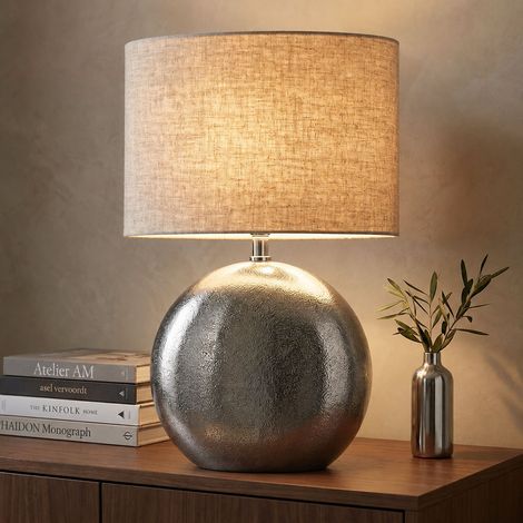 Tischlampe Tischleuchte Schlafzimmerlampe Schnurschalter Silber Antik Stoff H 53 cm (1/5)