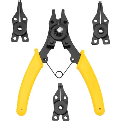 Alicates portátiles multifunción para anillos de retención internos y externos con puntas intercambiables en ángulos de 45°, 90° y 180°, y una herramienta para extraer los anillos de retención. (1/5)